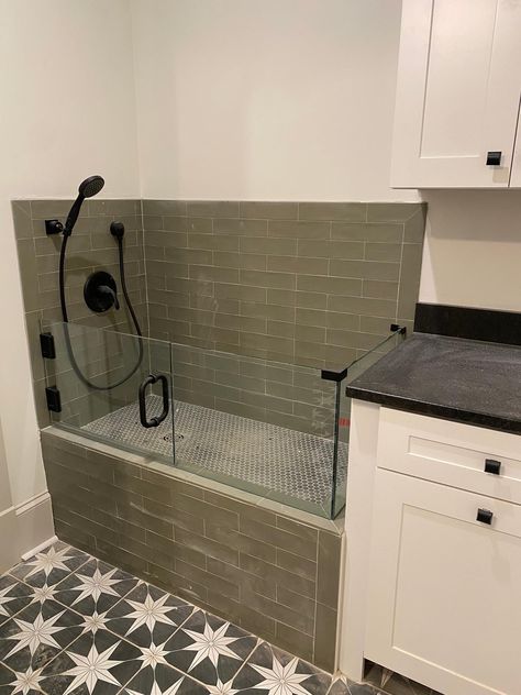 Dog Shower In Laundry Room Farmhouse, Tiled Dog Bath, Raised Dog Shower In Laundry Room, Walk In Shower With Dog Wash, Indoor Dog Bath, Raised Dog Washing Station In Laundry Room, Elevated Dog Washing Station, Dog Washroom, Laundry Room With Dog Washing Station