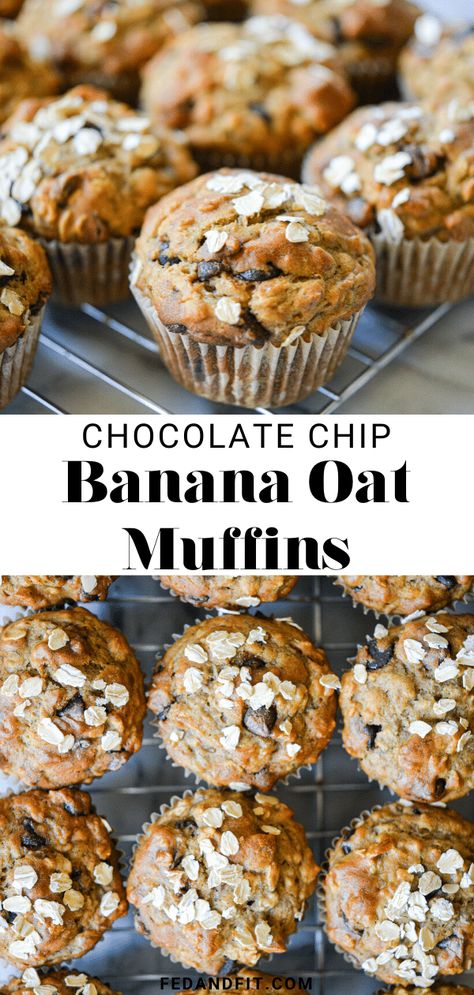 These Chocolate Chip Banana Oat Muffins are everything good about banana bread but made in portable muffin form for a delicious, on-the-go breakfast! Banana Bread Oat Cups, Oat Muffins Banana, Banana Oat Muffin Recipe, Breakfast Muffins With Bananas, Bread Flour Muffins, Banana Oat Breakfast Muffins, Easy Banana Oat Muffins, Banana Oat Chocolate Muffins, Banana Bread Breakfast Muffins