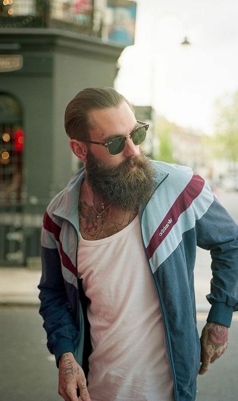 Retro Adidas Jacket, Ricki Hall, Street Style Vintage, Black Wayfarer Sunglasses, Man With A Beard, Long Beard, Epic Beard, Ray Ban Sunglasses Sale, Ray Ban Sunglasses Outlet