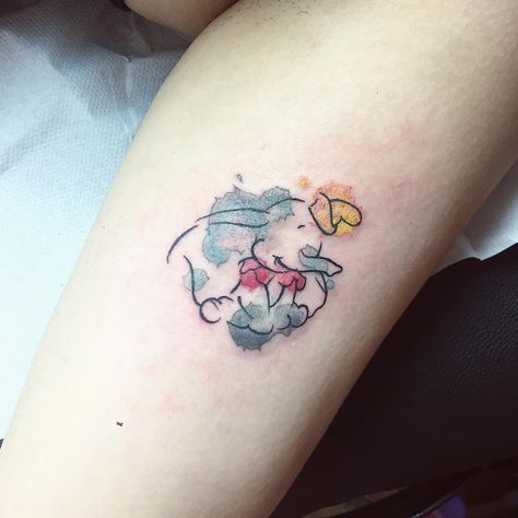 Dumbo Watercolor Tattoo, Disney Dumbo Tattoo, Tiny Disney Tattoo, Dumbo Tattoo, Tiny Elephant Tattoo, Disney Inspired Tattoos, Horror Cartoon, Elephant Tattoo Design, Ink Inspiration