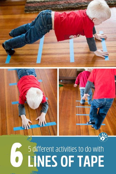 Build gross motor skills with five easy activities using just six lines of tape! Physical Activities For Preschoolers, Physical Development Activities, Motor Skills Preschool, School Age Activities, Gross Motor Activity, Physical Activities For Kids, Gross Motor Activities, Movement Activities, Motor Skills Activities