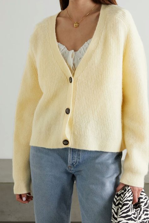 Yellow Knitwear, Boxy Cardigan, Rib Knit Cardigan, Lace Camisole, Summer Knitting, Pastel Yellow, Knitwear Cardigan, Layering Pieces, Deep V Neck