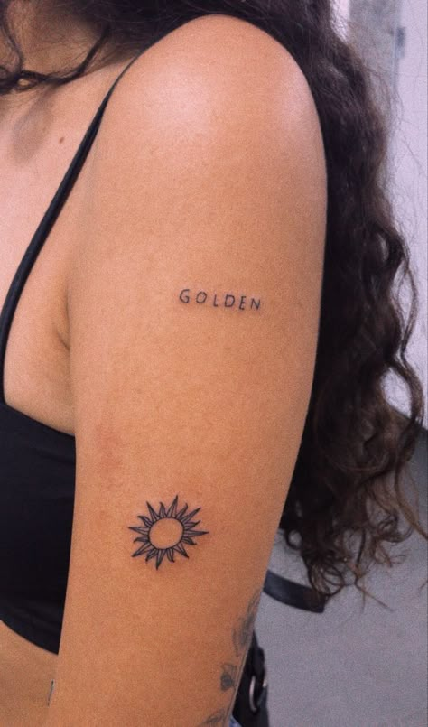 Harry Styles Tattoos Golden, Golden Tattoo Word, Golden Tattoo Harry Styles, Stay Golden Tattoo, Golden Hour Tattoo, Fangirl Tattoos, Harry Styles Tattoos Ideas, Golden Tattoo, Dr Tattoo