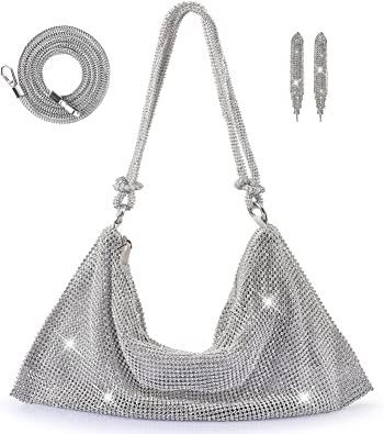 Rumdin Rhinestone Purse Top Handle Mesh Bag Crossbody bag Purse Clutch Purses for Women Gift Earrings Dangle&Long Chain Silver Clutch Purse, Sparkly Bag, Rhinestone Purse, Prom Purse, Glitter Purse, Rhinestone Handbags, Sequin Clutch, Rhinestone Material, Rhinestone Clutch