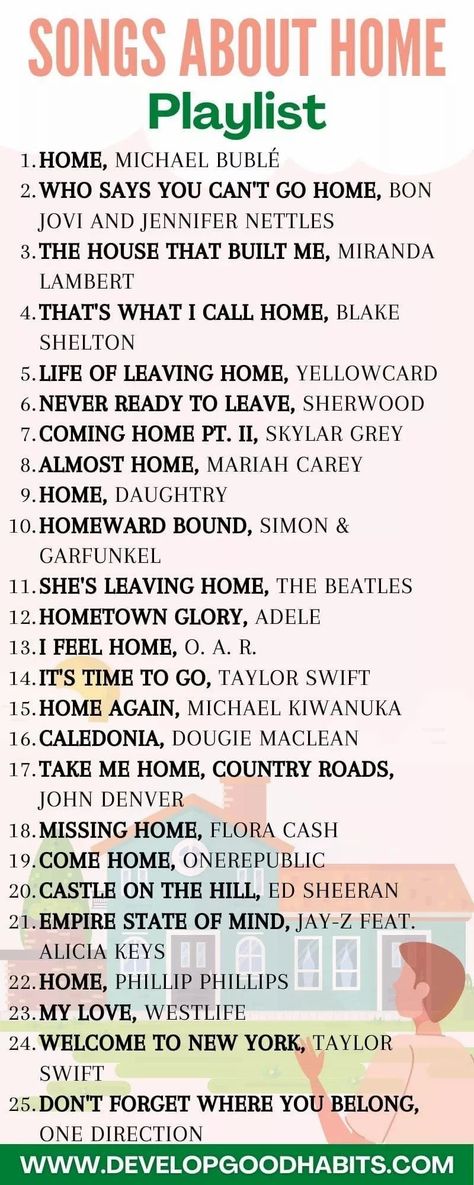 There may come a time when it becomes necessary to leave home. Then, in the great cycle of life, there will likely come a time when you’ll be making a homecoming. This playlist features songs about leaving home and songs about homecoming. To celebrate your time leaving home and coming back. #songlists #playlists #infographic Songs About Getting Back Together, Chemo Playlist, Spotify Playlist Songs, Dance Music Playlist, Positive Songs, Playlist Songs, Home Song, Missing Home, Music Journal