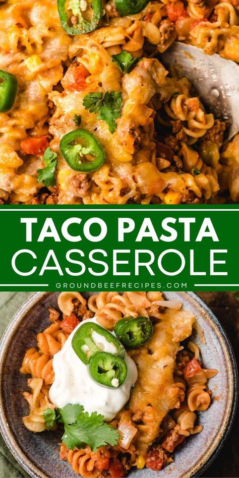 Experience your favorite classic tacos in one comfort food casserole! Hearty and cheesy, this taco pasta bake is an easy comfort food dinner the whole family will love. Save this taco pasta casserole recipe! Taco Pasta Bake Casserole, Classic Tacos, Taco Pasta Casserole, Taco Bake Casserole, Taco Pasta Bake, Comfort Food Casserole, Taco Casserole Bake, Pasta Casseroles, Ground Beef Pasta Recipes