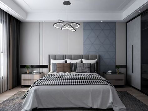 Master Bedrooms Interiors Indian, Modern Parent Bedroom Design, Bed Back Wall Panelling Design, Blue Modern Bedroom, Indian Modern Bedroom Interior, 2024 Bedroom, Bed Back Design, Instagram Bedroom, Bedroom Interior Design Luxury