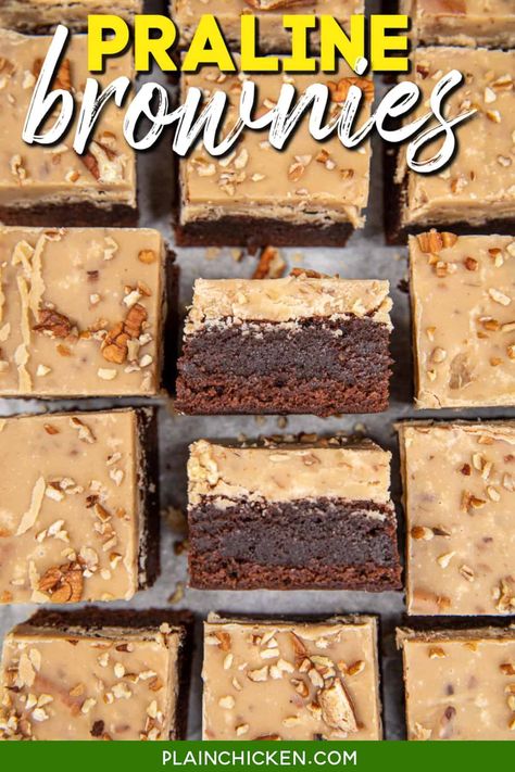 Praline Brownies - fudgy brownies topped with a  quick praline pecan frosting. One bite and you will be blown away! Brownie mix, heavy whipping cream, butter, brown sugar, pecans, powdered sugar, and vanilla extract. Effortless to make and they taste AMAZING! Perfect sweet treat for Mardi Gras parties and get together. They always receive rave reviews! Cajun Desserts, Praline Brownies, Brown Sugar Pecans, Sugar Pecans, Brownies Fudgy, Apple Cider Donuts Recipe, Sweet Bars, Pecan Frosting, Brownies Recipe Homemade