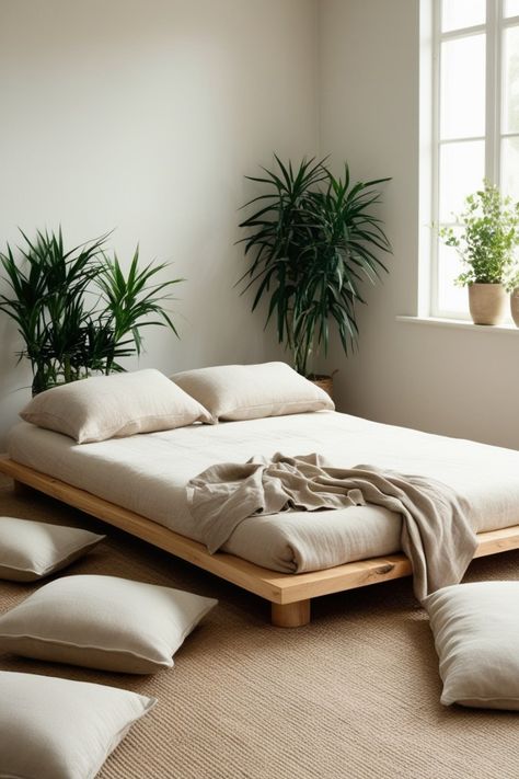 Imagine a serene oasis featuring a low platform bed crafted from natural wood, surrounded by cozy floor cushions and soft, neutral linens. Large windows flood the room with natural light, accentuating indoor plants that bring life to the calming color palette. Embrace simplicity and create a peaceful environment perfect for relaxation and rejuvenation. Discover tips and inspiration to design your dream sanctuary! #MinimalistDecor #ZenBedroom #HomeInspiration #CalmingSpaces #InteriorDesign #CozyHome Minimal Platform Bed, Bed Frames On The Floor, Floor Beds For Adults Cozy, Rug Under Mattress On Floor, Low Bed Frames Japanese Style, Low Bed Bedroom Aesthetic, Bed On Ground Ideas, Floor Bed Adult, Cozy Zen Bedroom