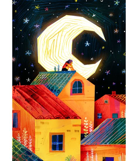 Closer Homes houses ILLUSTRATION moon night stars supermoon town whimsical Night Illustration, Star Illustration, Moon Illustration, Night Scene, Night Art, Dreamy Art, Funky Art, Art Plastique, Illustration Print