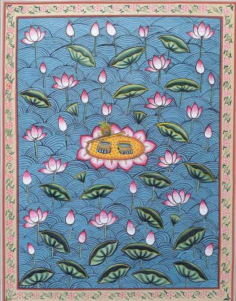 Lotus Pichwai Painting, Indian Lotus Painting, Rajasthani Folk Art Painting, Pichwai Paintings Lotus, Pichwai Lotus, Kerala Painting, Rajasthani Miniature Paintings, Royal Interior, Hindu Puja