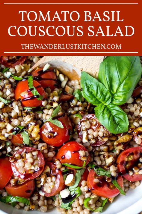 Enjoy a burst of freshness with our Tomato Basil Couscous Salad, mixing pearl couscous with ripe tomatoes, fragrant basil, and crisp almonds, drizzled in rich balsamic glaze. Pearled Couscous Recipes, Basil Couscous, Savory Potato Salad, Homemade Dressing Recipe, Pearl Couscous Salad, Southwest Quinoa Salad, Couscous Salad Recipes, Mediterranean Cooking, Heirloom Tomato Salad