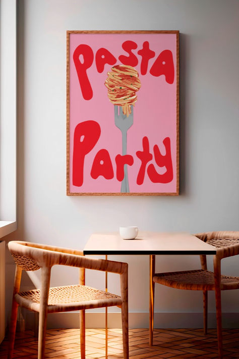 less fretti more spaghetti Kitschy Kitchen Decor, Pasta Party, Art 2024, Kitschy Kitchen, Pasta Lover, Pink Kitchen, Poster Ideas, Pink Wall, Pink Wall Art