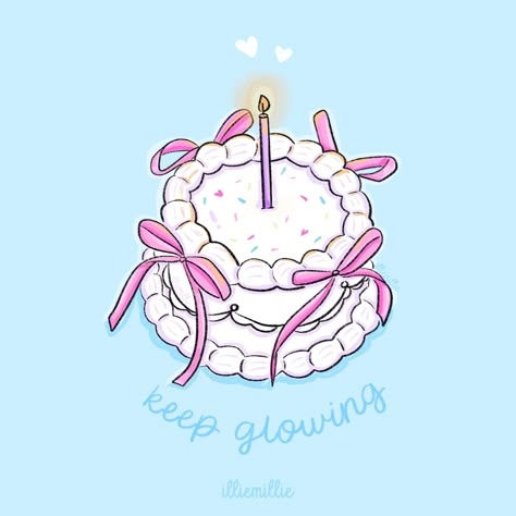 Keep glowing like a birthday candle 💖🎂 Side note: cakes with bows on them are my new favorite thing. They’re just the prettiest 🎀🍰 #cakes #bowcake #stickershop #bowseason #prettycake #vintagecake #ladieswhodesign Cute Birthday Cake Drawing, Prettiest Cakes, Birthday Cake Drawing, Cake Artwork, Birthday Cake Illustration, Bow Season, Cake Clipart, Birthday Logo, Cake Drawing