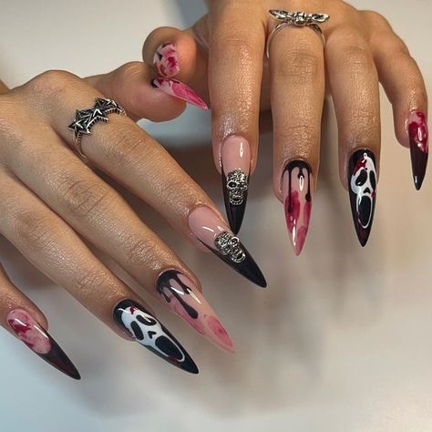 Halloween Nails Long Almond, Hawollen Nails, Halloween Ghost Face Nails, Spooky Nails Short Square, Long Almond Halloween Nails, Long Spooky Nails, Ghostface Halloween Nails, Ghostface Nail Designs, Ghost Face Nail Designs