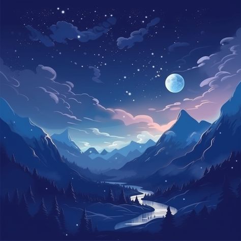 Night Clouds Drawing, Cloud Night Sky, Star Night Illustration, Drawing Stars Sky, Night Sky Reference, Moon Landscape Drawing, Moon Night Drawing, Night Mountain Painting, Night Landscape Illustration