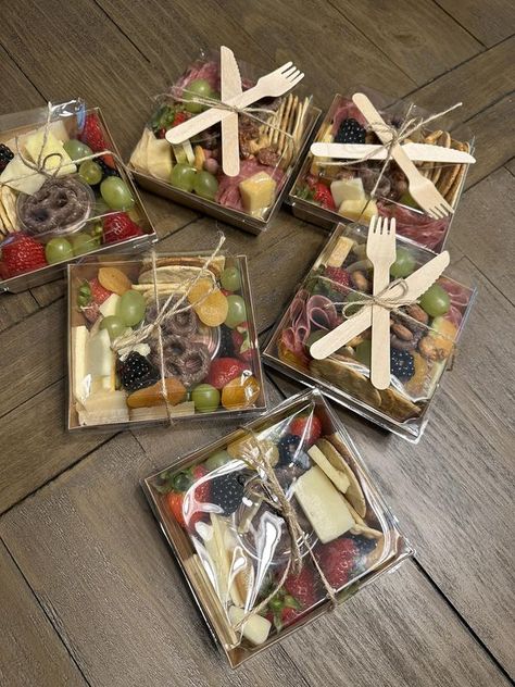 Charcuterie Boards, Grazing Trays, Snack Platters, Meat, Cheese, and Beyond | Made 60 of these for my wedding | Facebook Fruit Crackers, Charcuterie Gift Box, Charcuterie Lunch, Snack Platters, Charcuterie Boxes, Yogurt Covered Pretzels, Charcuterie Gifts, Bite Size Snacks, Cheese Trays