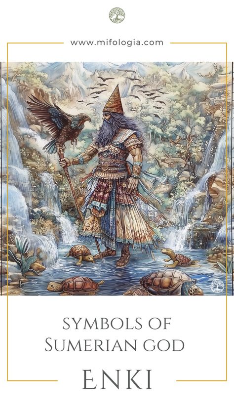 Behold Enki, the Sumerian god of freshwater and wisdom, holding a sacred eagle as life-giving streams flow around him. In this lush, mystical landscape, Enki embodies fertility, knowledge, and the balance of nature. Explore the rich symbolism and ancient power he holds.   🌿🦅   #Enki #SumerianMythology #GodOfFreshwater #AncientWisdom #MysticalLandscapes #MythologyExplorers #FertilityAndLife #SacredSymbols #MifologiaMystery #AncientGods #SumerianTales Ancient Sumerian Symbols, Ancient Sumerian Civilization, Enki God, Sumerian Gods, Ancient Symbols Of Power, God Of Knowledge, Ancient Sumer, Religions Of The World, Balance Of Nature