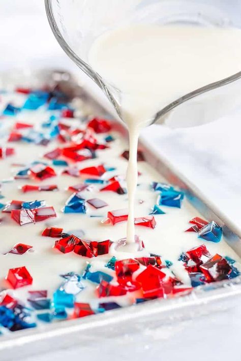 Red, White & Blue Jello Stars in the works! Red White Blue Jello Desserts, Stained Glass Jello Recipe, White Jello Recipe, Fourth Of July Jello, Red White Blue Jello, Stained Glass Jello, 4th Of July Jello, White Jello, Broken Glass Jello