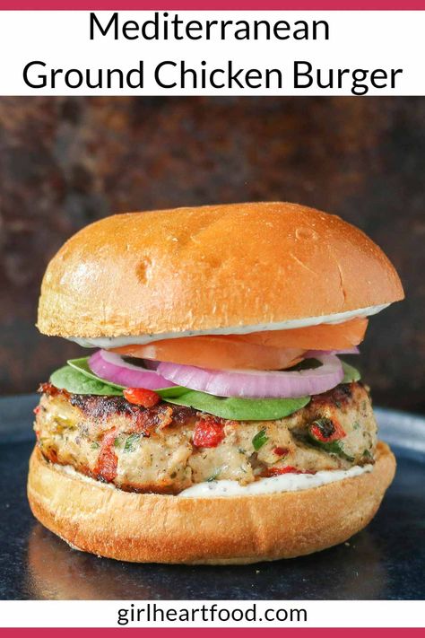 When you're craving a homemade burger, why not try these Mediterranean ground chicken burgers? They're juicy, delicious and absolutely packed with yummy ingredients (like feta, roasted red peppers and herbs). They're such a satisfying meal to enjoy any day of the week! Mediterranean Chicken Burgers, Chicken Burger Recipe Ground, Ground Chicken Burger Recipes, Chicken Burgers Ground, Chicken Burgers Healthy, Spinach Feta Chicken, Chicken Burger Recipe, Grilled Chicken Burgers, Turkish Chicken