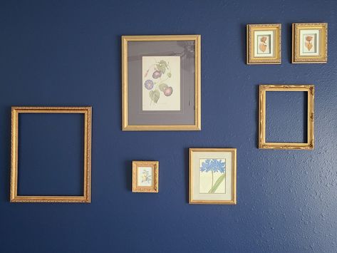 Wooden Desk Organizer, Navy Walls, Antique Picture Frames, Gallery Wall Inspiration, Wooden Desk, Antique Frames, Gold Picture Frames, Collage Frames, Small Wall