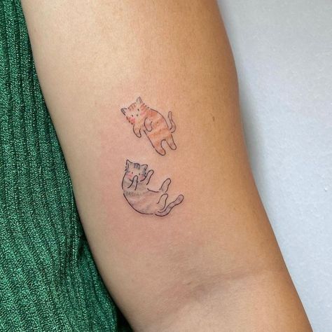 Black Cat Orange Cat Tattoo, Orange Tabby Tattoo, 4 Cats Tattoo, Three Cats Tattoo, Calico Critter Tattoo, Silly Cat Tattoo, Pet Tattoos Cat, Tabby Cat Tattoo, Two Cats Tattoo