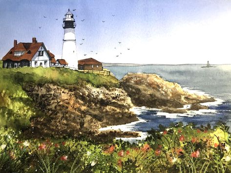 Ink And Wash, Watercolor Art Landscape, Pen And Wash, Lighthouse Art, Watercolor Landscape Paintings, The Seaside, Art Landscape, Watercolor Landscape, By The Sea