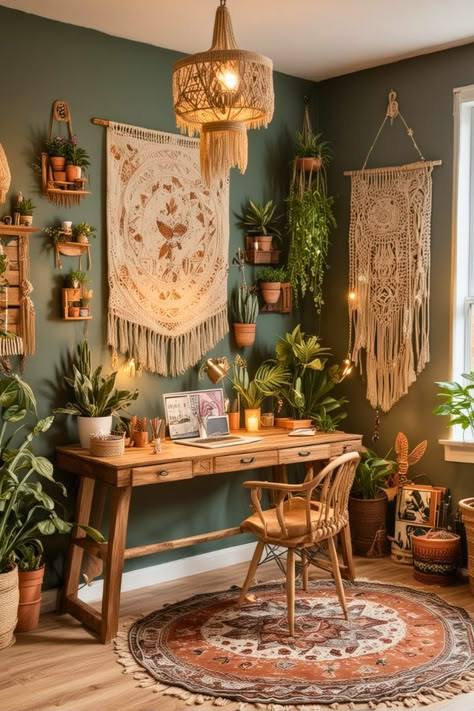 30 Stunning Boho Home Office Ideas That Will Boost Your Creativity – The Crafty Hacks Bohemian Studio Decor, Boho Ideas Home, Witchy Office Ideas, Boho Podcast Studio, Boho Green Office, Boho Green Desk, Botanical Office Decor, Boho Computer Room, Boho Jungle Office