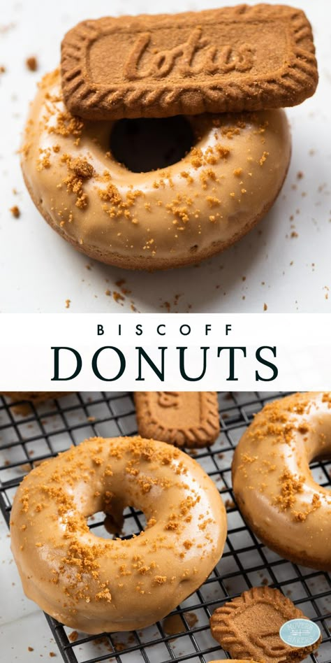 My Biscoff donuts are quick, fluffy and dunked in a gorgeous Biscoff glaze. Yum! Recipe by movers and bakers Donut Flavour Ideas, Biscoff Donut Recipe, Lotus Biscoff Donut, Cookie Butter Donut, Cookie Butter Glaze, Baking Recipes Donut, Donut Toppings Recipes, Donuts Toppings Ideas, Donuts Toppings