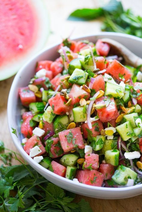 A Moroccan Watermelon Salad with Cucumber, pistachios, parsley, mint, onion and  crumbled feta...refreshing, simple and delicious! | www.feastingathome.com Watermelon Cucumber Salad, Moroccan Dinner, Salad With Cucumber, Feasting At Home, Salad Kale, Moroccan Recipes, Watermelon Feta Salad, Farmers Market Recipes, Watermelon Salad