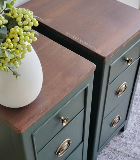 Desk Into Nightstand Bedside Tables, Desk To Nightstand, Dark Green Nightstands, Forest Green Nightstand, Bedside Table Color Ideas, Green Bedside Table Ideas, Desk Turned Into Nightstands, Two Tone Side Table, Bed Side Table Refurbish