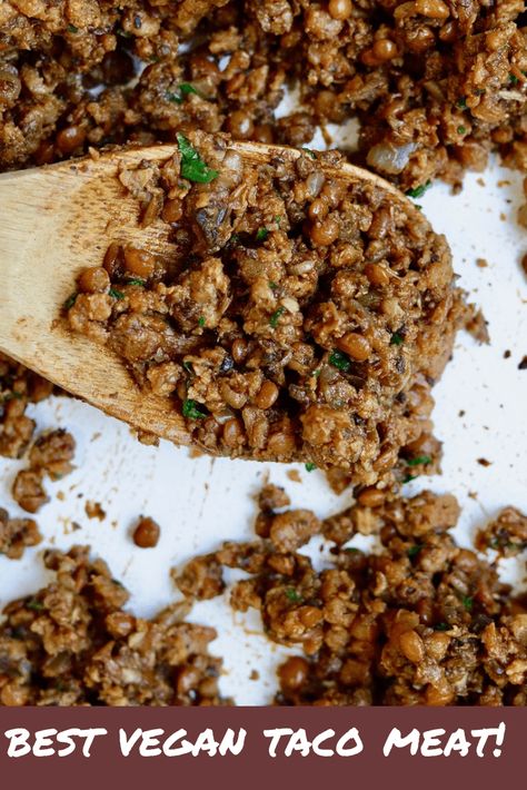 The BEST Vegan Taco Meat Recipe! made with just a few ingredients, Gardein Beefless Ground Crumbles, mushrooms, lentils and homemade taco seasoning. It’s ready in minutes! Perfect for tacos, quesadillas, nachos, burrito bowls and more! Nut free & protein rich. Vegan Taco Meat Recipe, Vegan Taco Meat, Tvp Recipes, Taco Meat Recipe, Chickpea Vegan, Vegan Tacos Meat, Vegetarian Nachos, Vegan Ground Beef, Vegan Taco