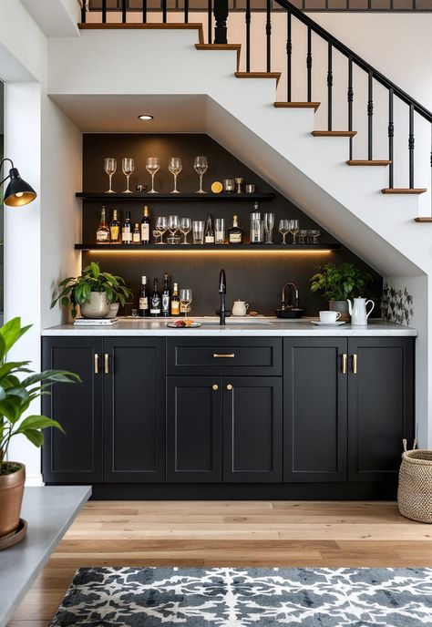 Staircase Storage Under Stairs Staircase Wine Rack, Under The Stair Bar Ideas, Bar In Staircase, Under The Stairs Dry Bar, Stairs Into Basement, Understairs Space Ideas, Under Stairs Crawl Space Ideas, Basement Bar Under Stairs, Under The Stairs Toilet Ideas