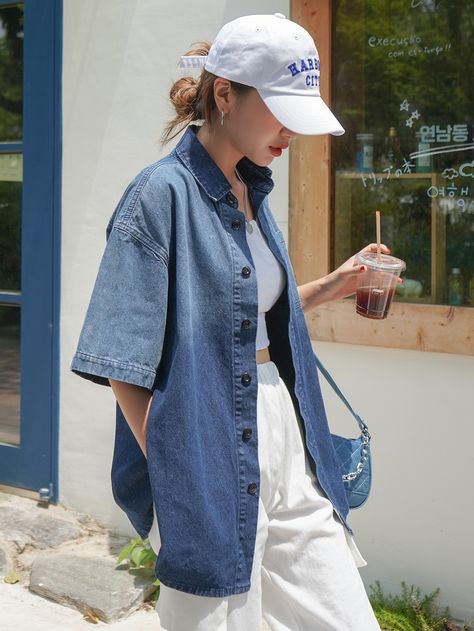 How To Style A Short Sleeve Button Up Shirt Women, Denim Shirt Outfit Korean, Denim Long Sleeves Outfit Women, Polo Outfits For Women Summer, Denim T Shirt Outfit Women, Blue Short Sleeve Button Up Outfit, Denim Button Up Shirt Outfit Summer, Big Denim Shirt Outfit, Vintage Denim Shirt Outfit