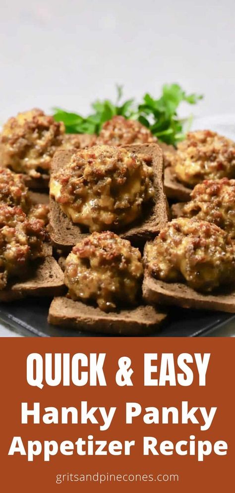 This hanky panky recipe is a delicious cocktail rye bread appetizer. Rye toast is topped with pork sausage and melty Velveeta cheese. Everyone will love this tasty treat! The best part is that it's super easy to put together for game nights, the holidays, or dinner! Rye Bread Appetizer, Rye Bread Appetizers, Cocktail Rye Bread, Hanky Panky Recipe, Sausage Appetizers, Rye Toast, Dinner Party Appetizers, Appetizer Menu, Velveeta Cheese