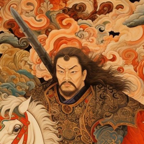 @objetovoadorr on Instagram: "Prompt: Genghis Khan, trompe-l'œil illusionistic detail, post-impressionist coloration, massurrealism, pattachitra, oil paintings, fawncore, mongolian art --ar 4:5" Mongolian Traditional Art, Mongolian Art Painting, Genghis Khan Tattoo, Genghis Khan Art, Mongolian Aesthetic, Chingis Khan, Mongolian Painting, Mantra Painting, Rome Party