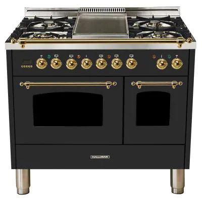 40 in. 4.0 cu. ft. Double Oven Dual Fuel Italian Range True Convection, 5 Burners, Griddle, Brass Trim in Matte Graphite Italian Range, Dual Fuel Ranges, Brass Trim, Rustic Italian, Oven Range, Drawer Design, Double Oven, Kitchen Stuff, Dream Kitchen