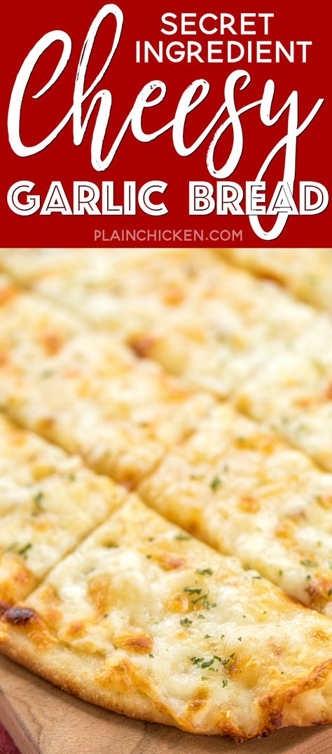 Secret Ingredient Cheesy Garlic Bread - 5 simple ingredients and ready in 10 minutes! Quick and easy bread recipe. Quick And Easy Bread, Plain Chicken Recipe, Cheesy Bread Recipe, Easy Bread Recipe, Recipe Bread, Pizza Roll, Bread Sticks, Garlic Bread Recipe, Cheesy Garlic Bread