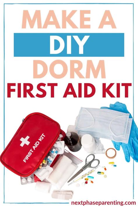 DIY Dorm First Aid Kit. Make your college student a first aid kit with this dorm room first aid kit list. Don't buy an overpriced first aid kit full of bandages. Find out what your college student really needs for the most common minor medical issues. Dorm First Aid Kit, College First Aid Kit, Organize College Classes, First Aid Kit Diy, First Aid Kit List, First Aid Kit Items, College Dorm Diy, First Aid Kit Checklist, Medicine Gift