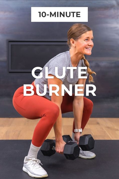 Build your booty with this strength-focused glute workout for women! 5 of the best dumbbell glute exercises to build strong, defined glutes and legs. All you need is a set of dumbbells and modifications are provided for all fitness levels! 5 Glute Exercises, Quick Leg And Glute Workout, Glute Builder Workout, Exercise Weights For Women, Hiit Workout Legs Glutes, Glute Toning Workout, Beginner Leg And Glute Workout At Home, Glute Women Workout, Standing Glutes Workout