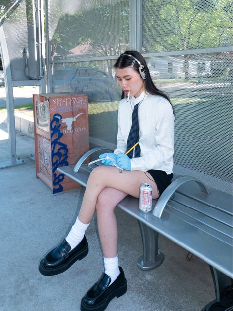 girl patrick batemen, american psycho, aesthetic, smoking, cigarette, kosas headphones, blue gloves, black loafers, white button up, tie, preppy, note taking, notepad, diet coke, bus stop, photoshoot Bus Stop Photoshoot, Y2k Girl, Preppy Look, Crazy Girls, Bus Stop, Grad Photos, Blue Ties