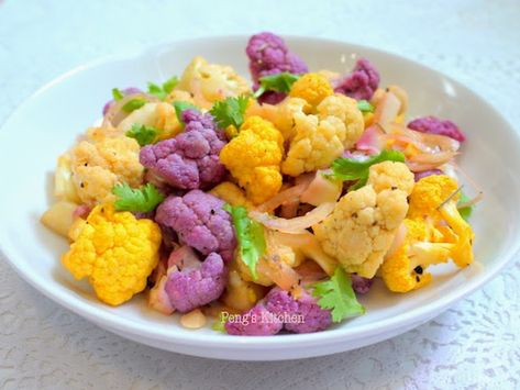 Roasted Tri-Colour Cauliflower Rainbow Cauliflower, Tricolor Cauliflower Recipes, Tri Color Cauliflower Recipes, Chili Lime Roasted Cauliflower, Honey Chilli Cauliflower, Baked Collie Flower Roasted Cauliflower, Beautiful Plates, Cauliflower Recipes, Tri Color