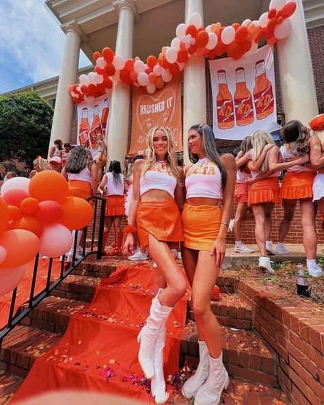 Kd Crushed It Bid Day, Orange Crush Bid Day Theme, Crushed It Bid Day, Orange Bid Day Theme, Ut Outfits, Work Week Themes, Kappa Delta Recruitment, Bid Day Themes Sorority, Unique Bid Day Themes