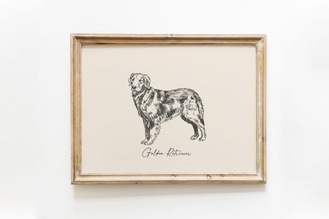 Dog Vintage Print | Golden Retriever Print | Dog Drawing | Farmhouse Print | Countryside Wall Art Golden Retriever Print, Nursery Guest Room, Puppy Drawing, Maximalist Wall Art, Drawing Stencils, Big Art, Golden Retriever Puppy, Dog Drawing, Canvas Paper