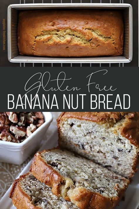 My youngest asked me to not just make plain gluten-free banana bread, but instead to include some nuts. I created this gluten-free banana nut bread with chopped pecans in it and it was a huge hit! My son declared it the best gluten-free banana bread ever and has requested I make it again this week. This banana bread recipe is just slightly adapted from one I was making before my celiac diagnosis. My notes say that it was our family favorite in June 2009, which was one year before my celiac... Gluten Free Banana Walnut Bread, Gluten Banana Bread Recipe, Banana Bread Recipe Healthy Gluten Free, Gluten Free Banana Nut Bread Recipe, Banana Bread With Gluten Free Flour, Gluten Free Banana Bread With Applesauce, Gluten Free Nut Bread Recipe, Gluten Free Banana Bread Recipe Moist, Banana Bread Gluten Free Recipe