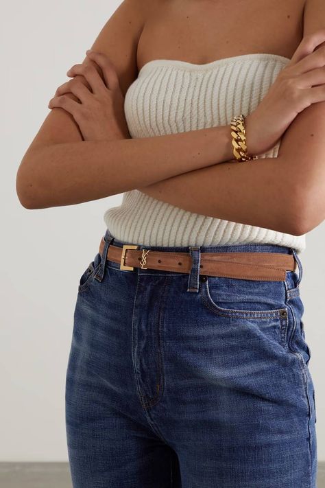 6 Summer Accessories That We're Donating This Season | Who What Wear Saint Laurent Belt Outfit, Outfits With Belts And Jeans, Cute Belts For Jeans, Jeans With Belt Outfit, Ysl Belt Outfit, Brown Belt Outfit, Saint Laurent Belt, Suede Accessories, Mommy Fashion