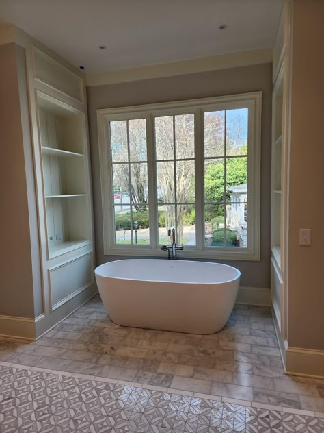 Bath With Shelves At End, Bath Tub In Front Of Window, Master Bath With Exterior Door, Bathtub Bump Out, Tub Under Window Master Bath, Garden Tub Master Bath, Stand Alone Tub Master Bath, Built In Tub Master Bath, Bathtub Under Window