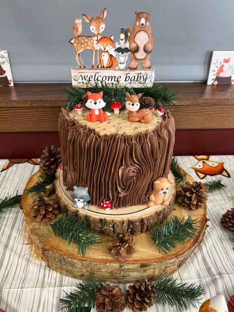 Woodland Cake Decorating Ideas, Forest Animals Cake Woodland Creatures, Woodland Creature Birthday Cake, Diy Woodland Cake, Woodland Bear Cake, Woodland Cake Decorations, Woodland Animals Birthday Cake, Woodland Creature Smash Cake, Woodland Animal Cake Ideas