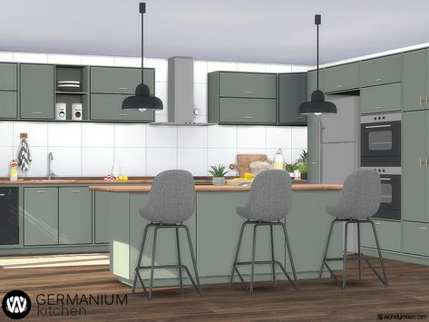 The Sims Resource - Germanium Kitchen Part I Sims 4 Modern Kitchen, Sims 4 Kitchen Cabinets, Mint Furniture, Modern Kitchen Set, Mods Sims 4, Furniture Cc, Sims 4 Kitchen, Sims 4 Tsr, Poolside Lounge