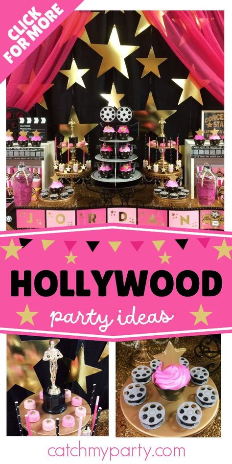 Check out this fabulous Hollywood-themed birthday party! The cupcakes are fantastic! See more party ideas and share yours at CatchMyParty.com Hollywood 50th Birthday Party, Hollywood Bday Theme, Hollywood Theme 18th Birthday Party, Pink Hollywood Theme Party, Movie Theme Teenage Birthday Party, Celebrity Birthday Party, Hollywood Birthday Party Ideas, Lily Movie, Hollywood Birthday Party